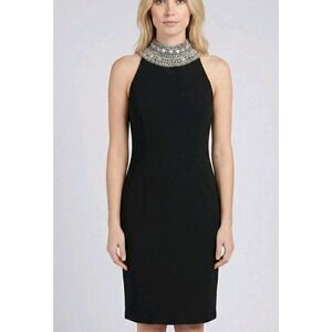 SL Fashions Navy Cocktail Sleeveless Party Dress With Sequins And Beads Size M